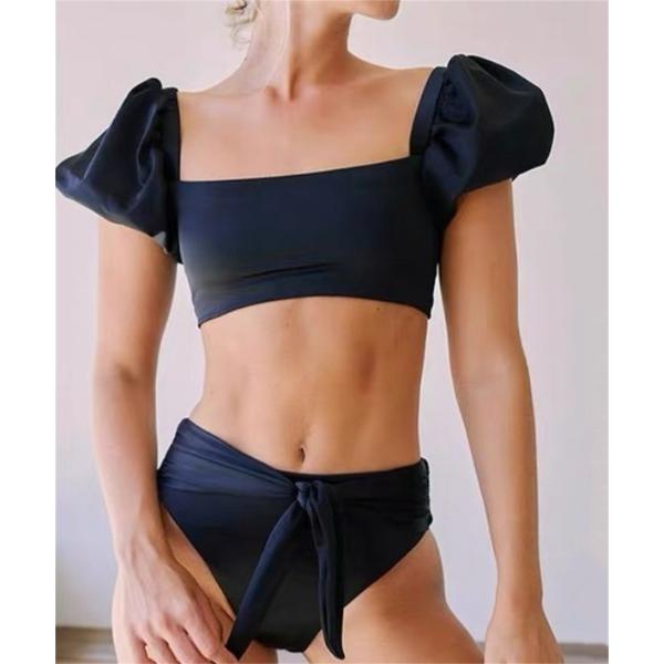 水着 パフスリーブ リボンデザイン ハイウエストビキニ 水着 レディース