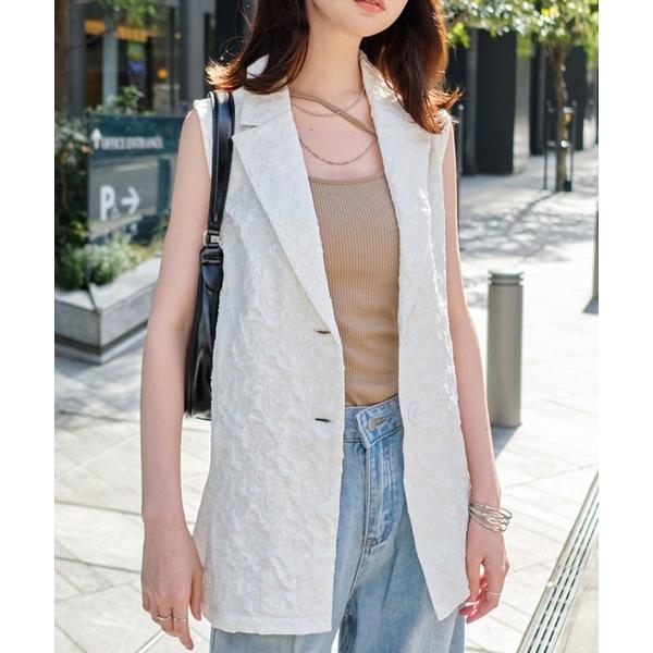 ベスト ジレ ふくれジャガードスリーブレスジャケット レディース