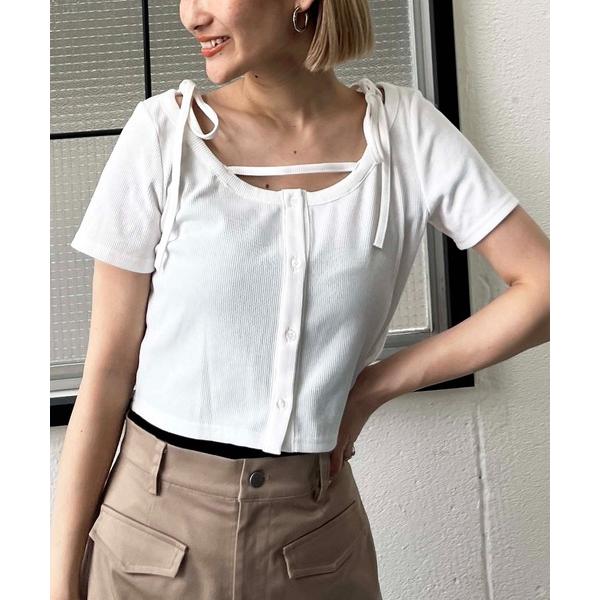 tシャツ リボンオフショルリブトップス レディース