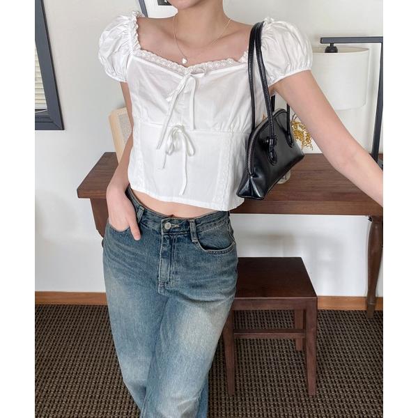 ブラウス シャツ ツーリボンパフクロップドブラウス レディース