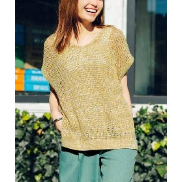 ベスト ジレ リブ　イン　コンフォート　からりとした肌ざわり　麻混透かし編みニットベスト レディース