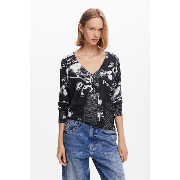 ニット セーター ニットセーター、テキストと花 レディース