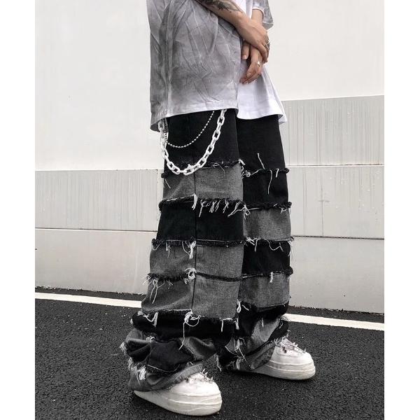 ジーンズ 「 B'day / ビーデー 」ボーダーラインダメージ加工ワイドデニムパンツ メンズ レデ...