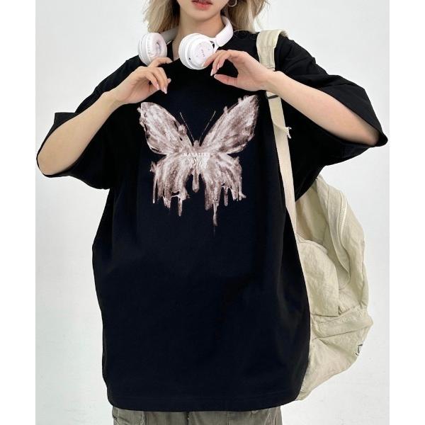 tシャツ バタフライプリントオーバーサイズTシャツ レディース