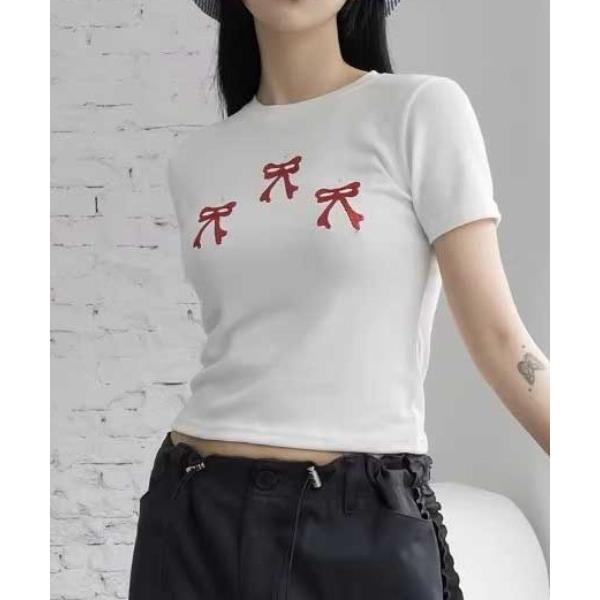 tシャツ RIBBON PRINT CROPPED TEE レディース