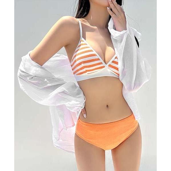 水着 ハイウエストビキニ ボーダーパイル ショットパンツ付き 3点セット水着 スイムウェア レディー...