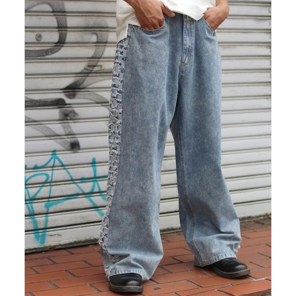 ジーンズ チェックサイドライン フリンジ ケミカルウォッシュデニムワイドパンツ メンズ レディース ...