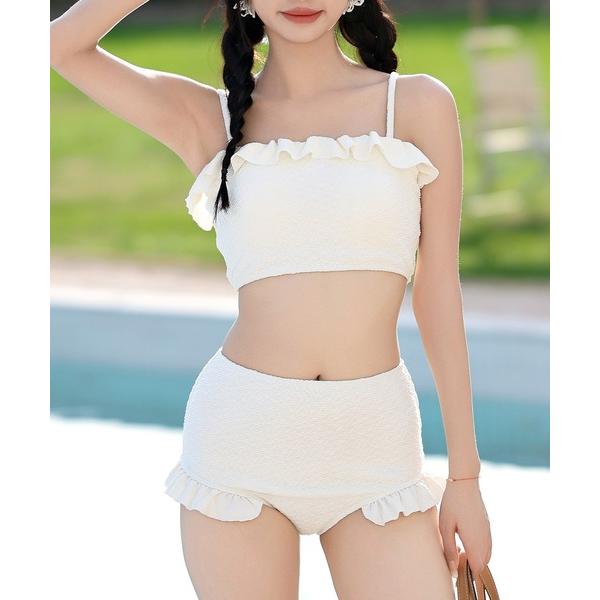 水着 レディース水着 ふくれジャガードフリルバンドゥハイウエストビキニ 上下2点セット レディース