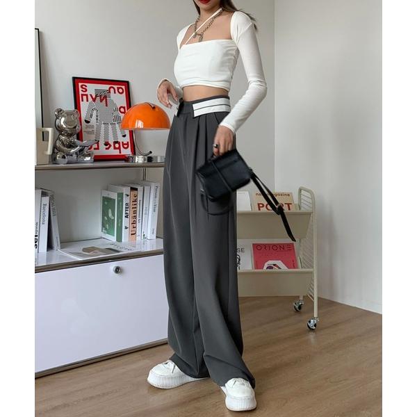 スラックス パンツ ウエスト折り返しラインスラックス レディース