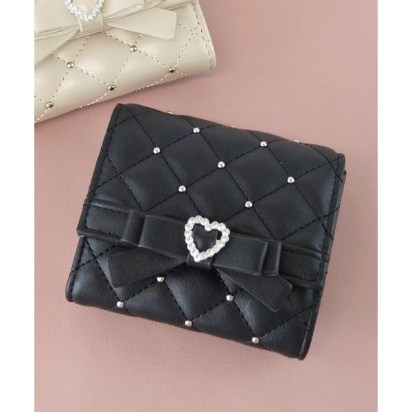 財布 ボックスコイン ３ツ折財布 ミニ財布 キルティング リボン スタッズ プルーン レディース