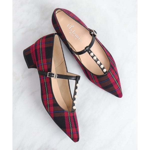 パンプス パールモチーフ　Tストラップローヒールパンプス