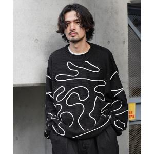 セーター ニット ライン刺繍 透かし編み クルーネックニット メンズ レディース