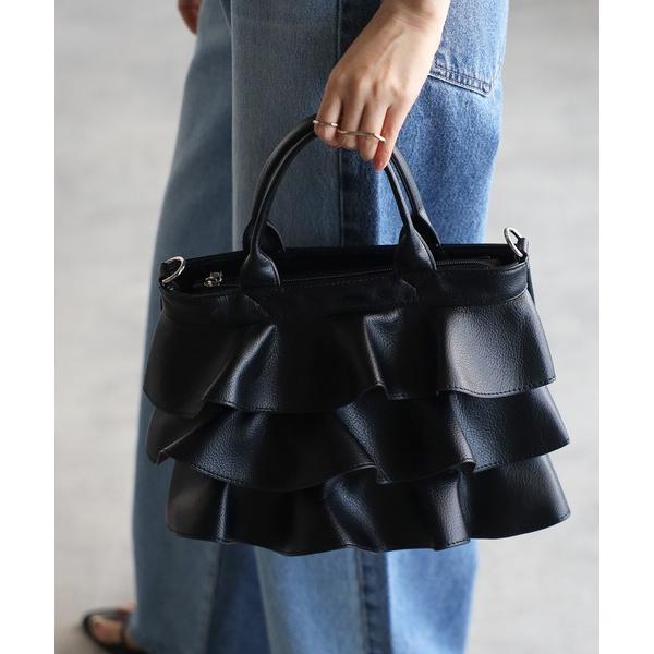 トートバッグ 「グッシオベーシック」PUレザーフリルトートバッグ　ショルダー付き レディース