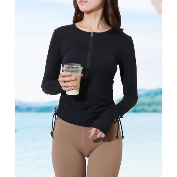 ラッシュガード 「2点セット」サイド シャーリング ハーフジップ ラッシュガード レディース