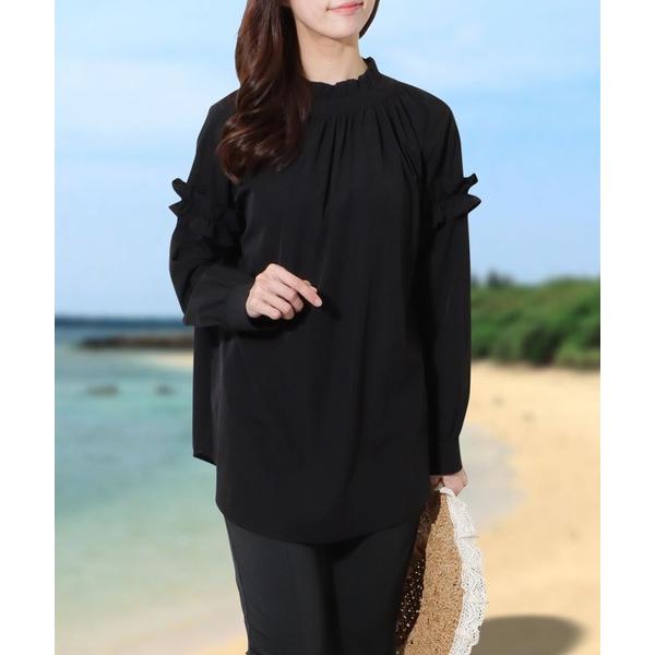 ラッシュガード 「2点セット」プチハイネック フリル ギャザー ラッシュガード レディース