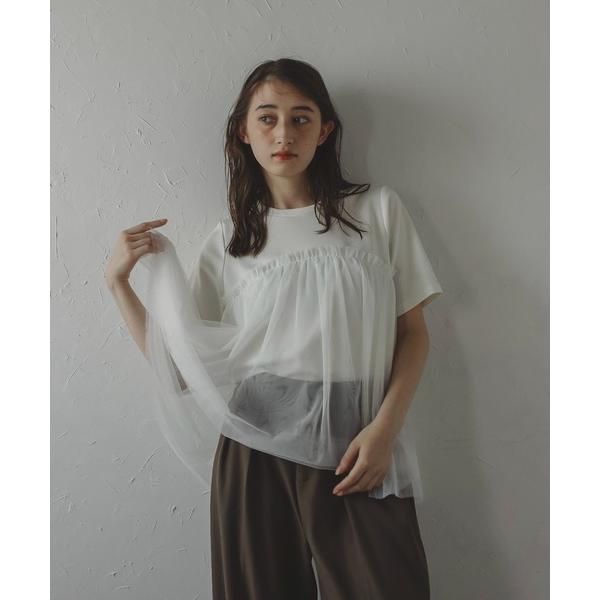 tシャツ 「MINERTE」tulle T-shirt / チュール切り替えTシャツ レディース