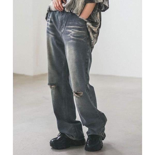 ワイドパンツ ジーンズ ヴィンテージメイククラッシュワイドデニムパンツ メンズ レディース