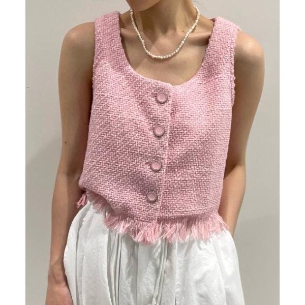tシャツ 裾フリンジ前ボタンサマーツイードベスト レディース