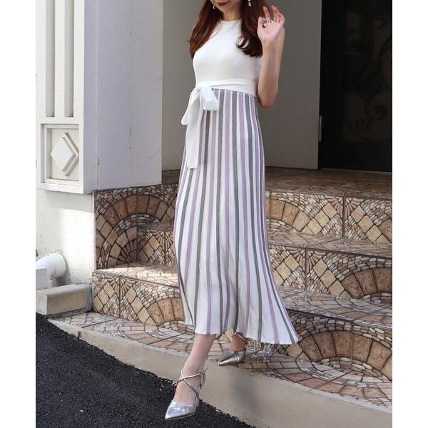 ワンピース 配色プリーツロングニットワンピース