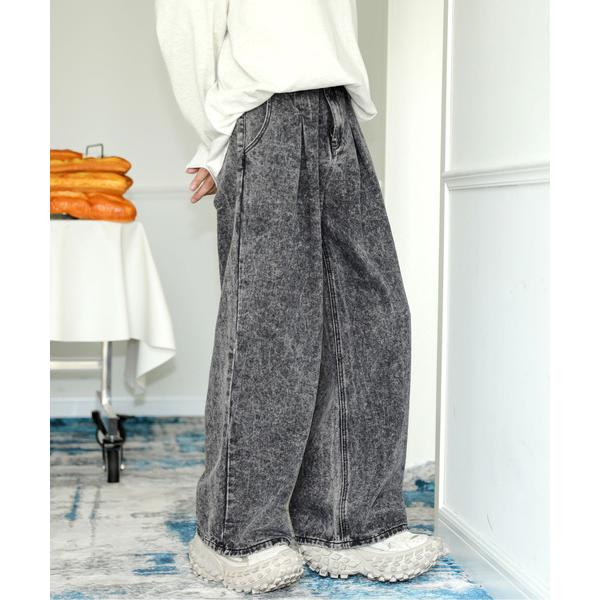 ジーンズ 「neos」ルーズシルエット オーバーダイ ケミカルウォッシュ ワイド デニム パンツ メ...