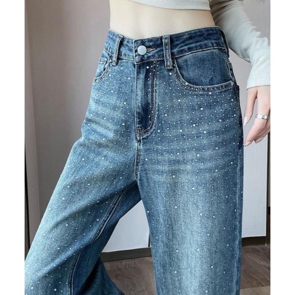 ジーンズ デニム デニムパンツ 「CANVAS+」ラインストーンデニムワイドパンツ レディース