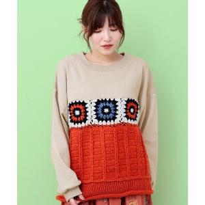 トレーナー スウェット Rico スウェット×ハンドクロシェニットプルオーバー レディース