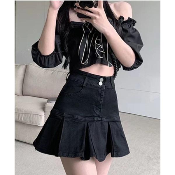 デニムスカート 裾プリーツ 切り替えデニムミニスカート