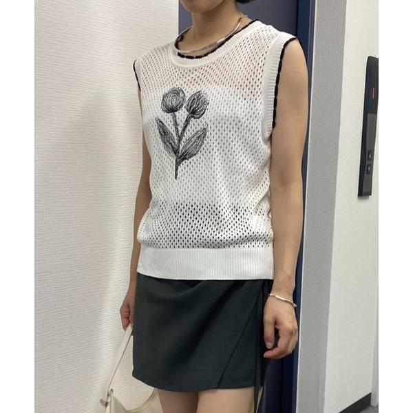 タンクトップ ノースリーブ flower刺繍サマーニットタンクトップ レディース