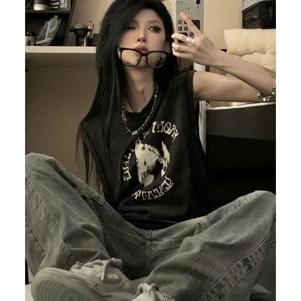 タンクトップ ノースリーブ ブラシプリント ヴィンテージライク ロング レイヤード タンクトップ ノ...