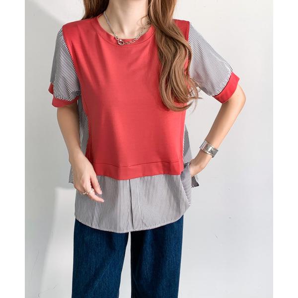 ブラウス シャツ 異素材ドッキングストライプブラウス レディース