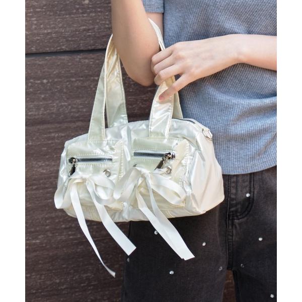ショルダーバッグ バッグ リボン付き ダブルポケットミニボストン レディース