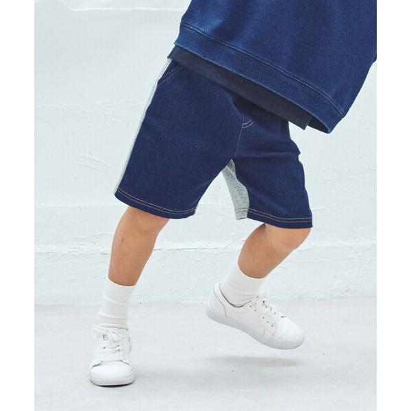 ハーフパンツ パンツ 短パン ストレッチデニム/ヒッコリー×裏毛 ドッキングハーフパンツ キッズ 子...