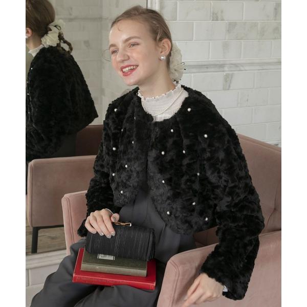 ジャケット ノーカラージャケット 「BONLECILL noir」パール付きワイドスリーブフェイクフ...