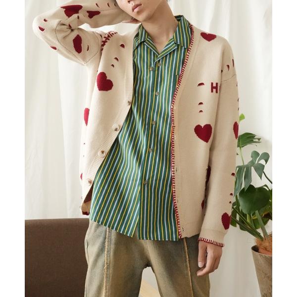 カーディガン HOOK -original-　ボロボロのハート総柄クレイジーステッチカーディガン メ...