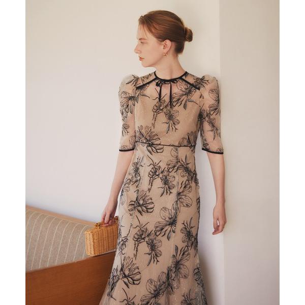 ドレス 「LEJA」半袖花柄刺繍レースフロントバックリボンパフスリーブマーメイドフレアロングワンピー...