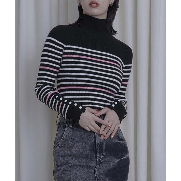 ニット セーター 袖口ボタンボーダーリブニット レディース