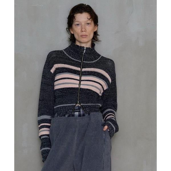 カーディガン Front Zip Mesh Border Knitwear/フロントジップメッシュボ...