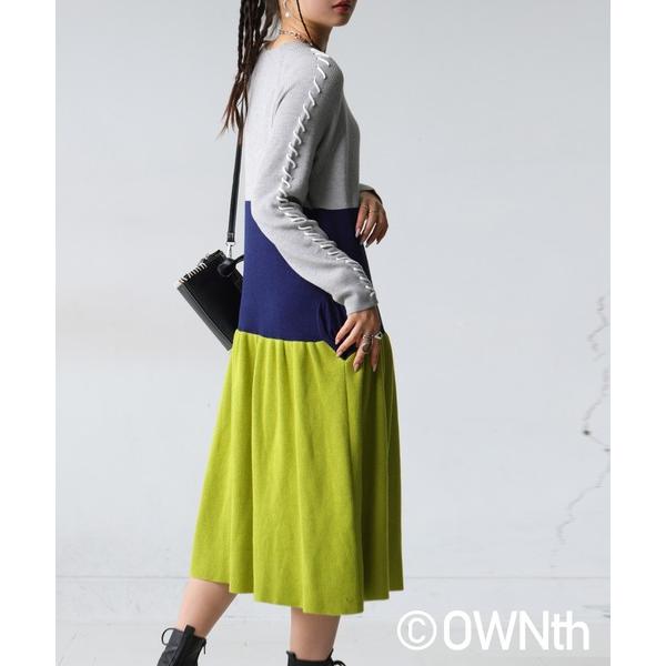 ワンピース 袖ステッチ切替ニットワンピース