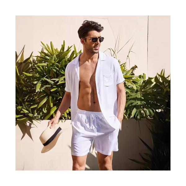 シャツ コットン無地　半袖オープンシャツとショーツのセットアップ メンズ レディース