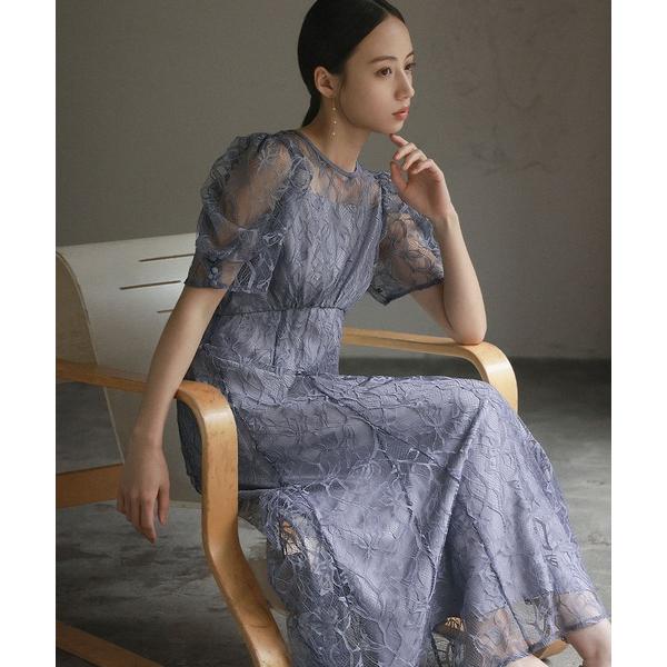 ドレス パフスリーブ総レース フレア ロング 結婚式 ワンピース パーティードレス オケージョンドレ...