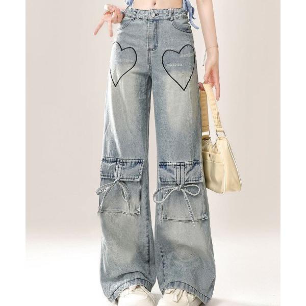 ジーンズ デニム デニムパンツ 「サイズあり」ハート刺繍アクセント リボンアクセントハイウエスト ル...