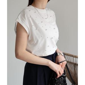 tシャツ パール付きノースリトップス レディース