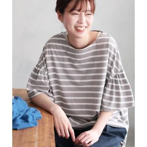 tシャツ 半袖 あわいろボーダーの袖フリルカット...の商品画像