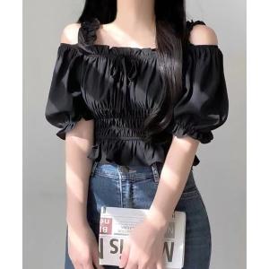 ブラウス シャツ オフショルダーシャーリングトップス レディース