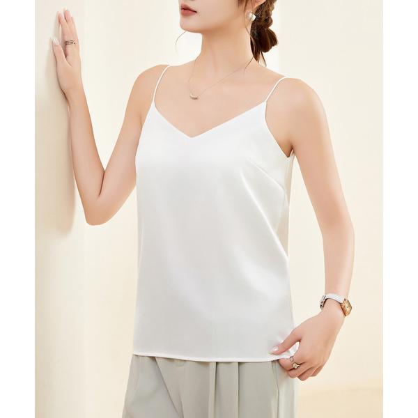 キャミソール 「大きいサイズ有/カップ付き/艶めくサテン風」Vネック キャミソール レディース