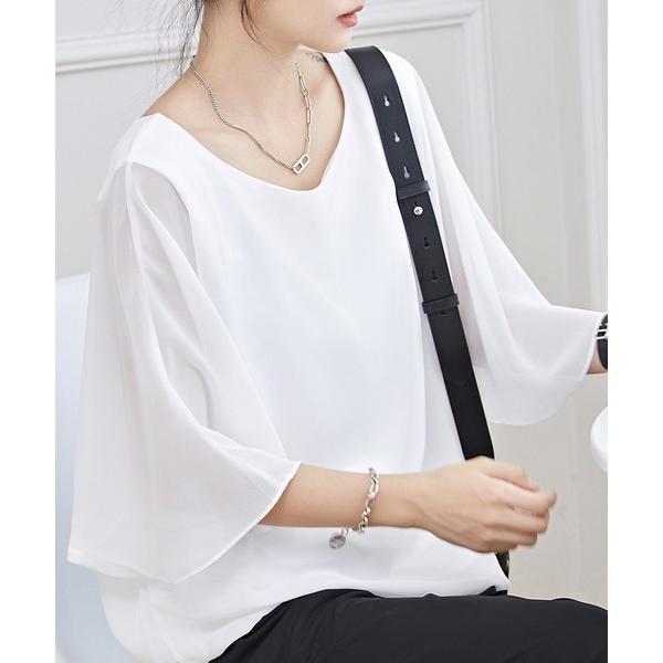 ブラウス シャツ ソリッドカラー ラウンドネック シアー フレアスリーブ プルオーバー レディース