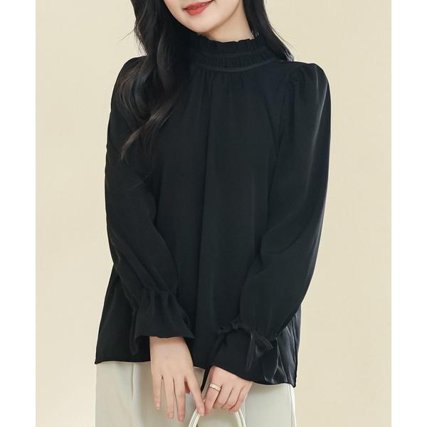 ブラウス シャツ ソリッドカラー ギャザー プチハイネック キャンディ袖 ブラウス レディース