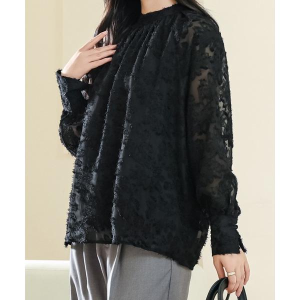 ブラウス シャツ 花柄 シャギー ボリューム袖 ギャザー シアー ブラウス レディース