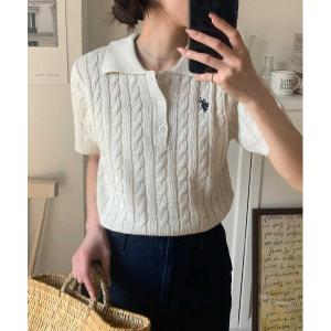ニット セーター RANAN/solleim別注「U.S.POLO ASSN.」 半袖ケーブルポロ襟ニット レディース