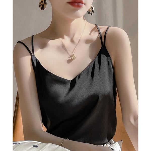 キャミソール 「大きいサイズ有/艶やかとろみ生地」ダブルストラップ シルキー キャミソール レディー...